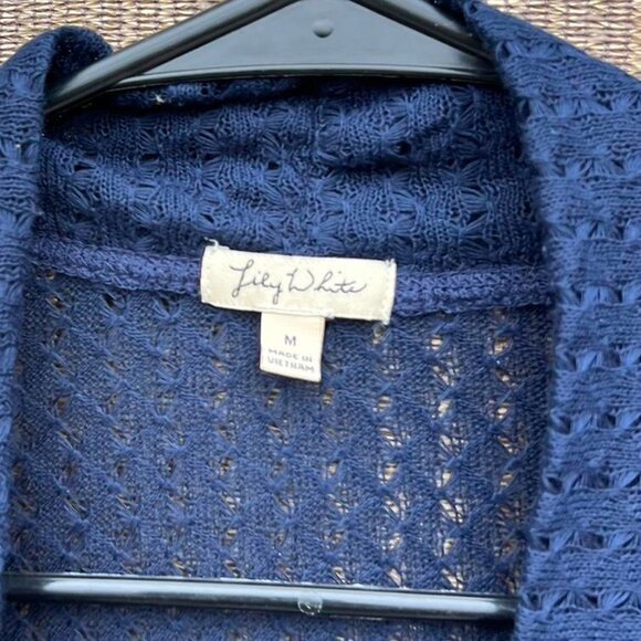 lily white Sweater Knit Mesh Cocoon Cardigan Midnight Blue Women’s Sz M - Picture 3 of 8